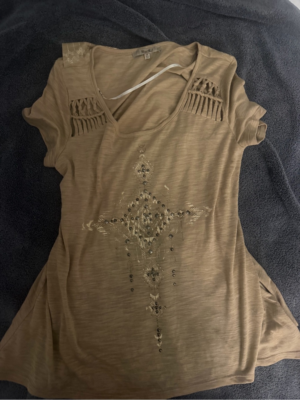 Boho Embellished Fringe Short-Sleeve Top - Tan